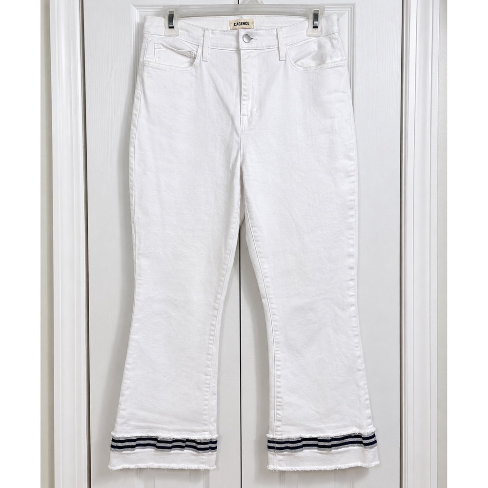 L'AGENCE Jada Jeans Womens 28 White High Rise Crop Navy Silver Trim $265